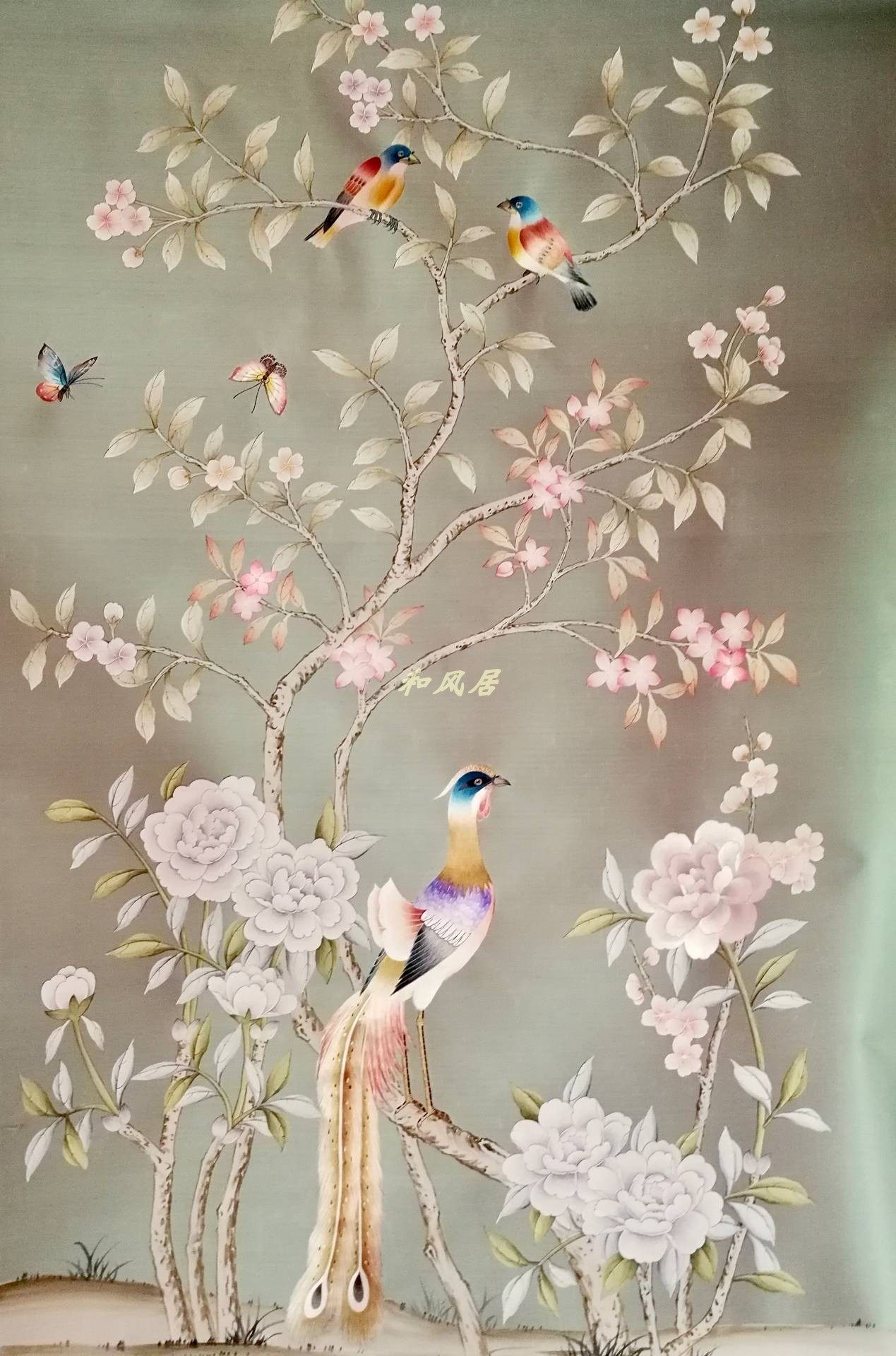 和风居真丝手绘手绣灰绿色美式花鸟轻奢丝绸墙纸双宫绸