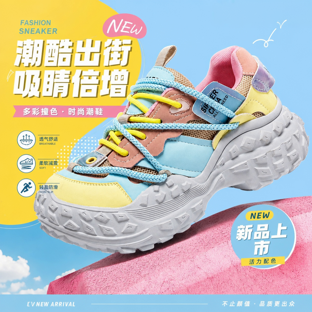 彩色拼色潮牌厚底面包鞋女薄款网面透气减震防滑百搭高街少女跑步