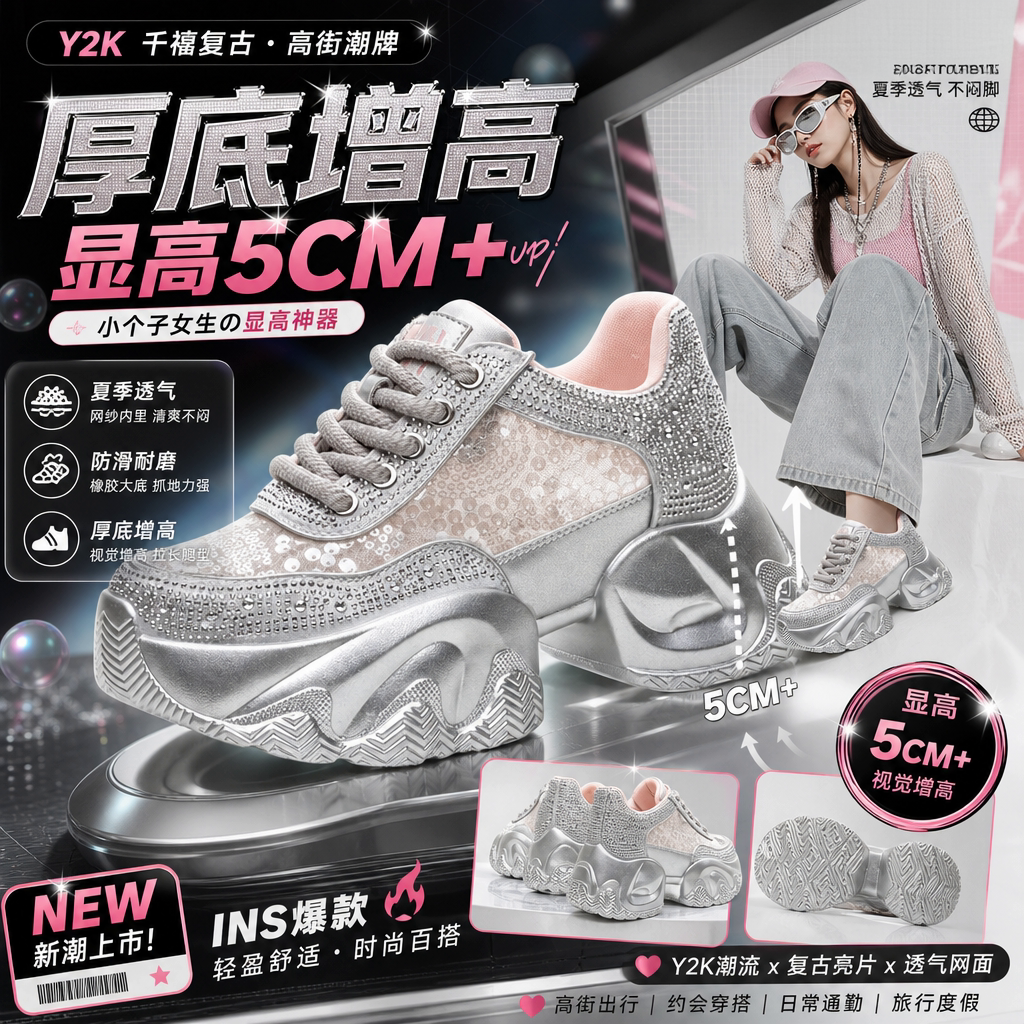 2026新款银色水钻老爹鞋女夏季厚底增高亮片网面透气休闲运动鞋
