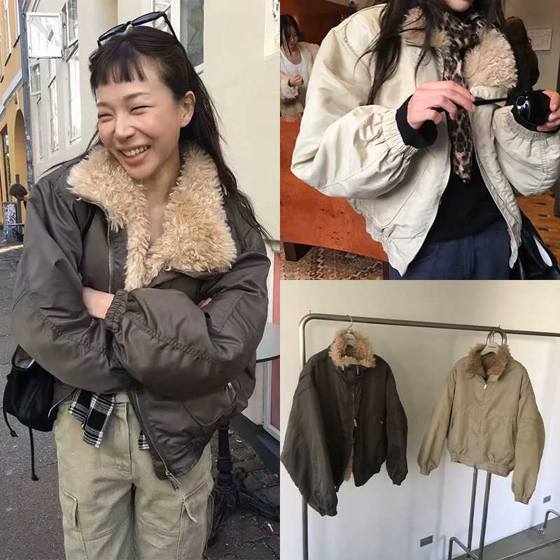 韩系毛毛内里夹克东大门冬季新款纯色立领短款棉服外套女