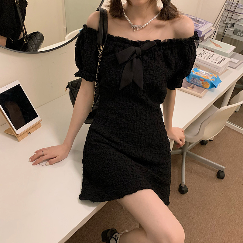 Real price show thin wood ear line neck short top women's bow bubble short sleeve Pleated Dress summer