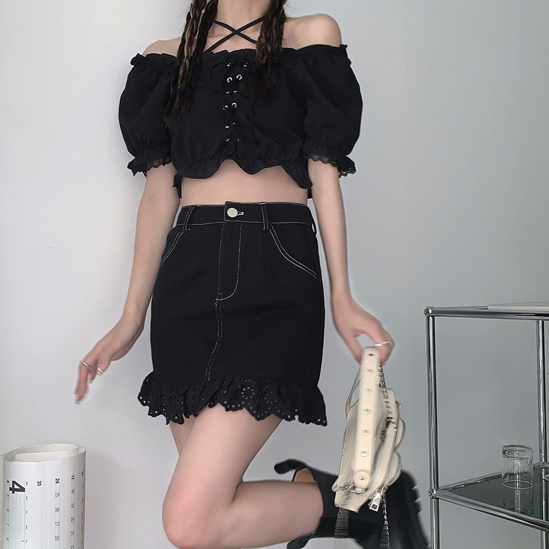 Real price one line neck bubble short sleeve bandage hanging neck short top female + Lace stitching A-line denim skirt