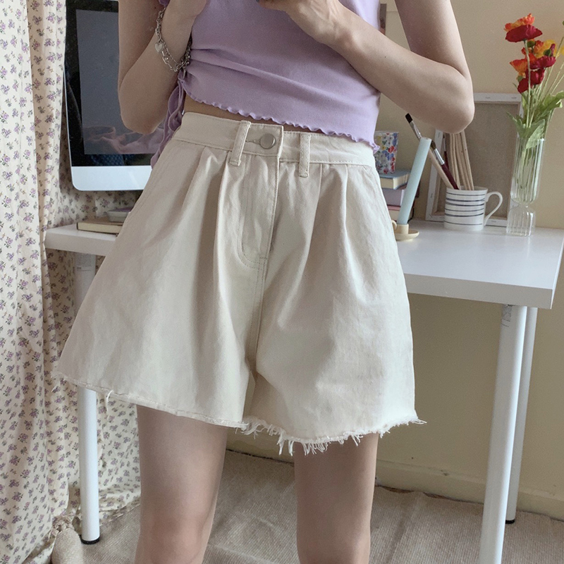 Real price loose and versatile Jeans Shorts women's high waist and thin washed wide leg pants with rough edge