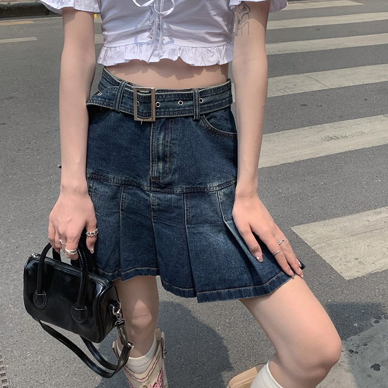 Real Price vintage wash water versatile denim skirt high waist slim belt pleated A-line skirt