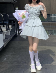 Real price bubble short sleeve square neck dress with thin waist and pleated double layer cake skirt