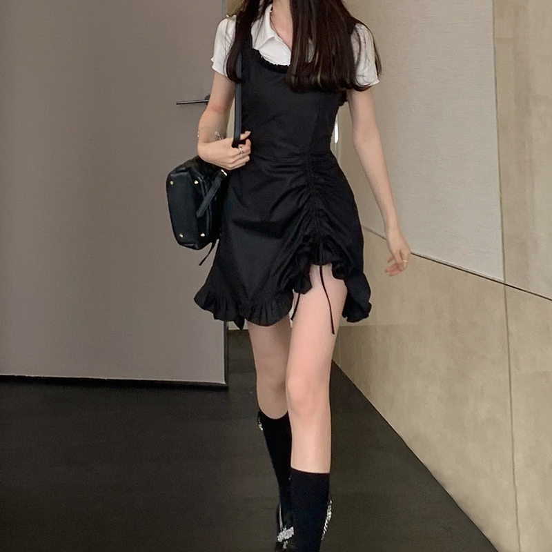 Real price French Retro Black Skirt with wooden ear edge and thin waist