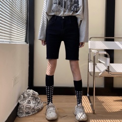 Real price ~ Black Denim Shorts with fringed hem and high waist Capris