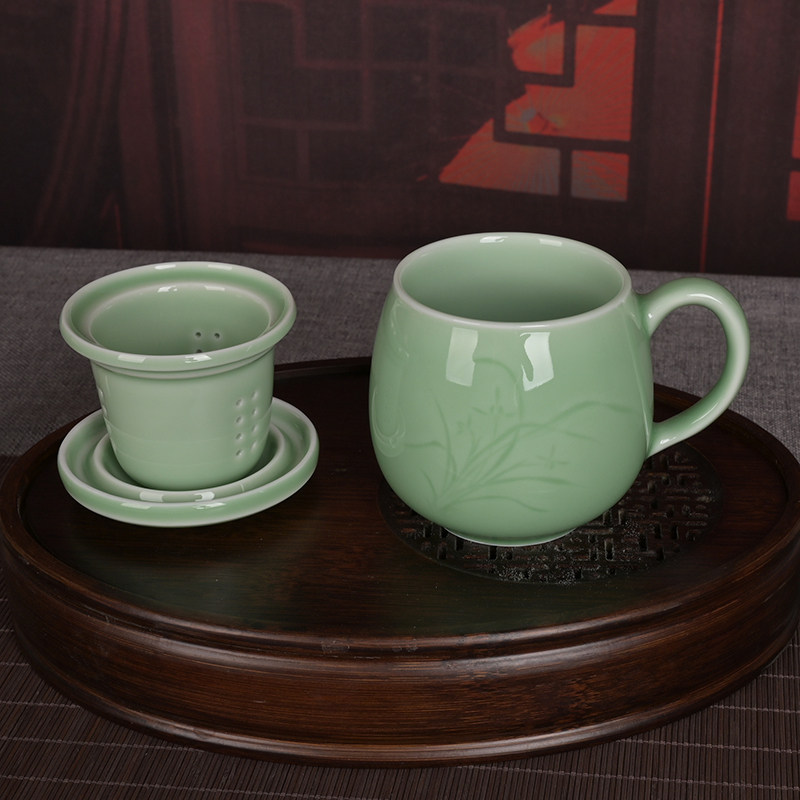 陶瓷带茶漏带内胆兰花同心杯