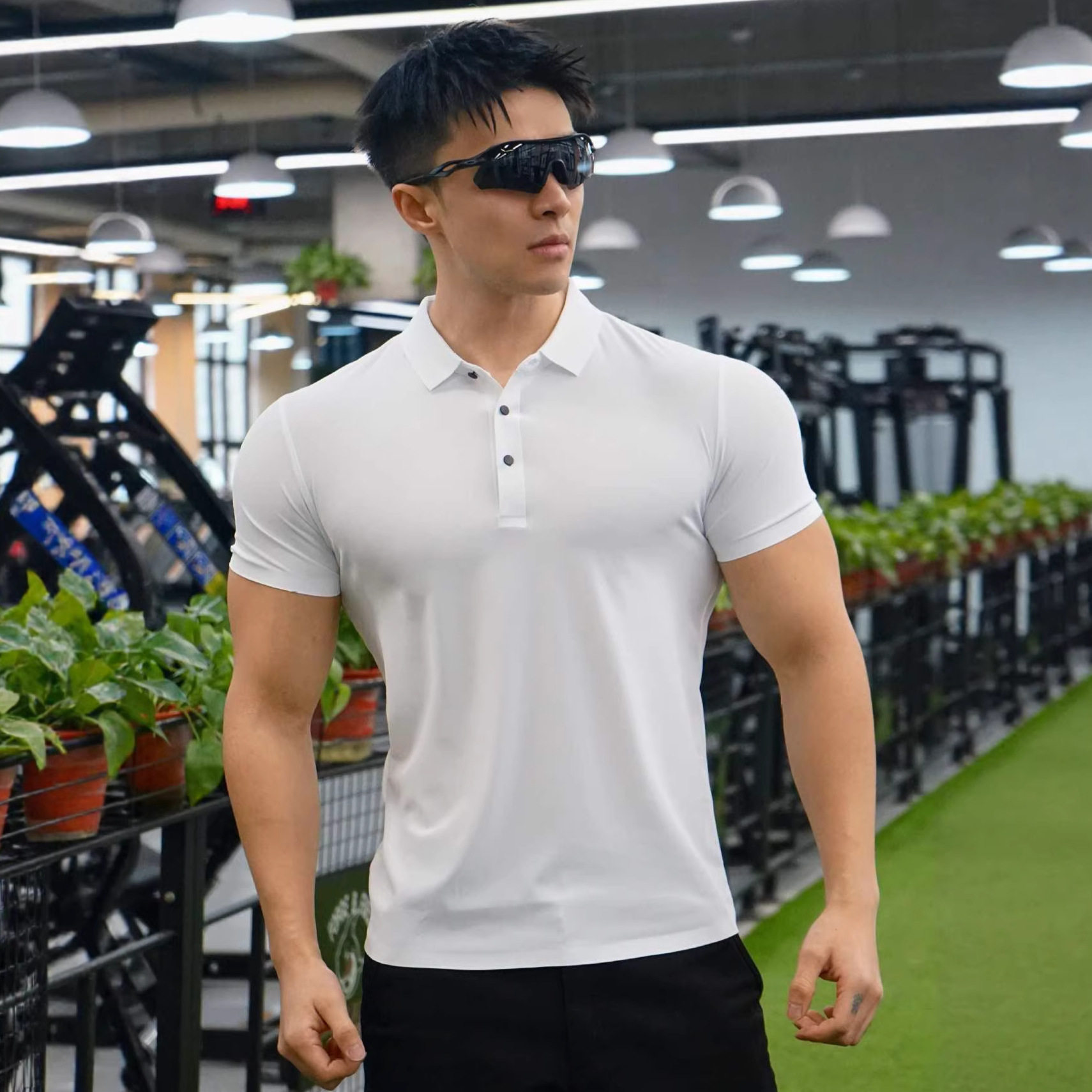 夏新款2026健身POLO衫t恤男翻领短袖休闲美式修身收袖口纯色上衣