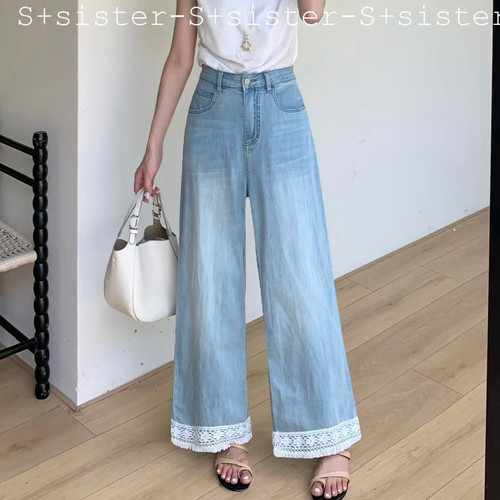 【肉思RS】s+大码女装81595夏季蕾丝拼接阔腿九分牛仔裤显瘦直筒