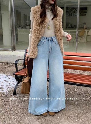 【肉思RS】S+1991大码女装冬季胖mm韩系加绒直筒微喇牛仔裤高个子