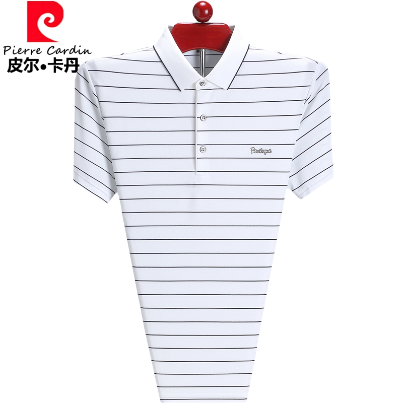 皮尔卡丹白色条纹t恤短袖男款纯棉上衣2025新款中年人爸爸POLO衫