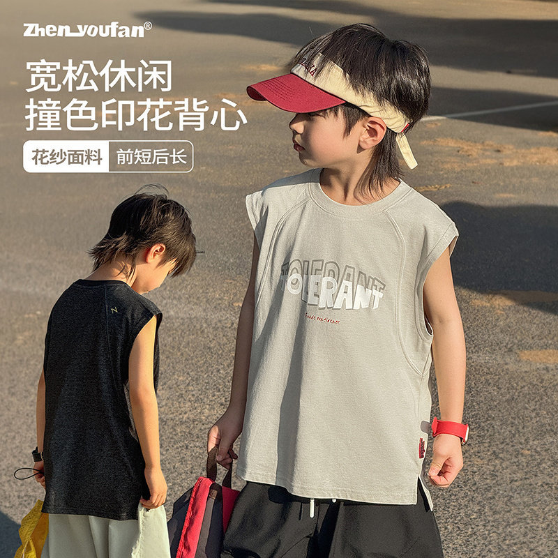 童装男童撞色印花背心2026新款夏装儿童透气上衣男孩休闲无袖T恤