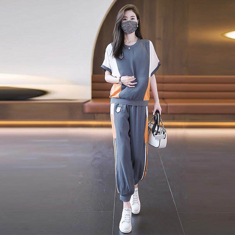 潮牌新款时尚拼色短袖减龄裤子两件套女大码女装休闲运动套装夏季