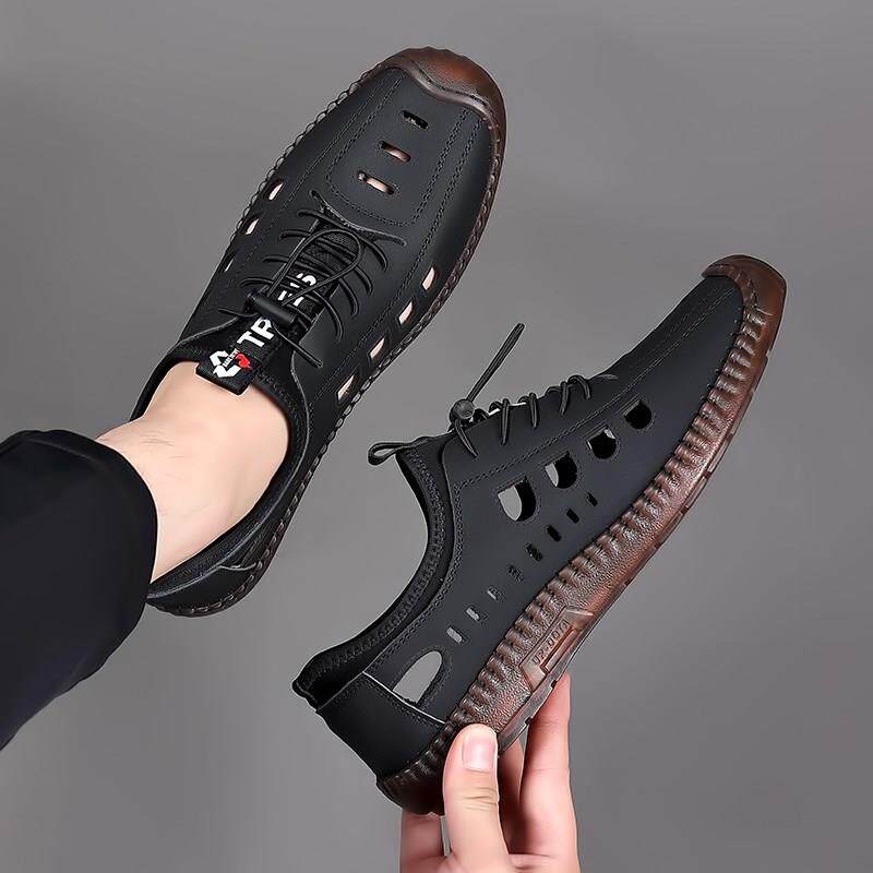 欧洲站2025夏季新款凉鞋男软底户外休闲真皮洞洞鞋镂空沙滩皮鞋子
