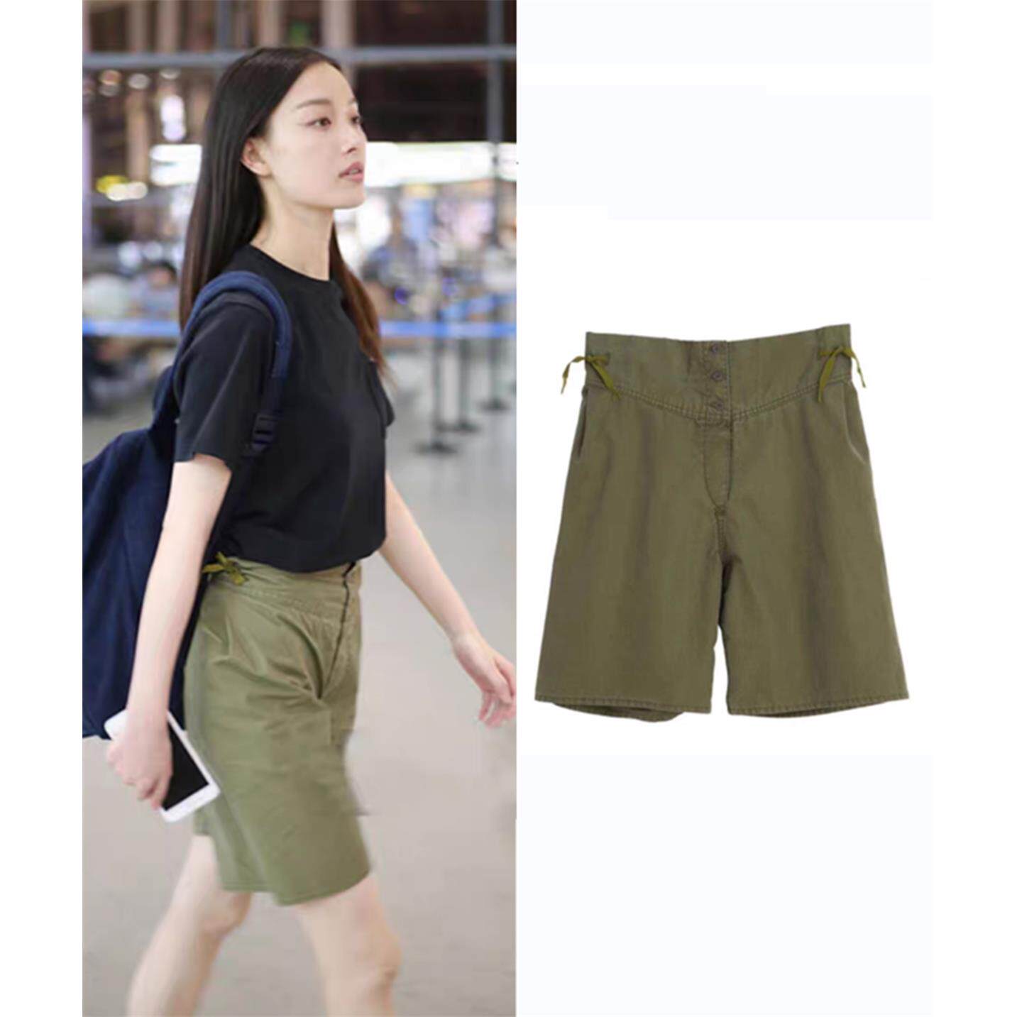 倪妮同款工装五分短裤军绿色夏季薄款日系潮高腰宽松休闲运动裤女