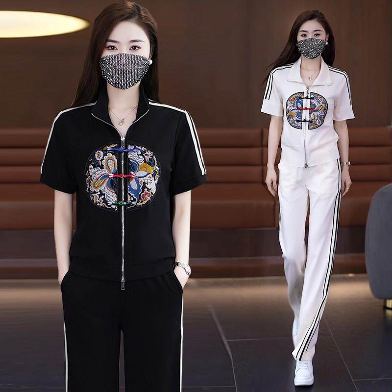 潮牌新款大码女装休闲套装女夏装洋气百搭减龄拉链开衫裤子两件套