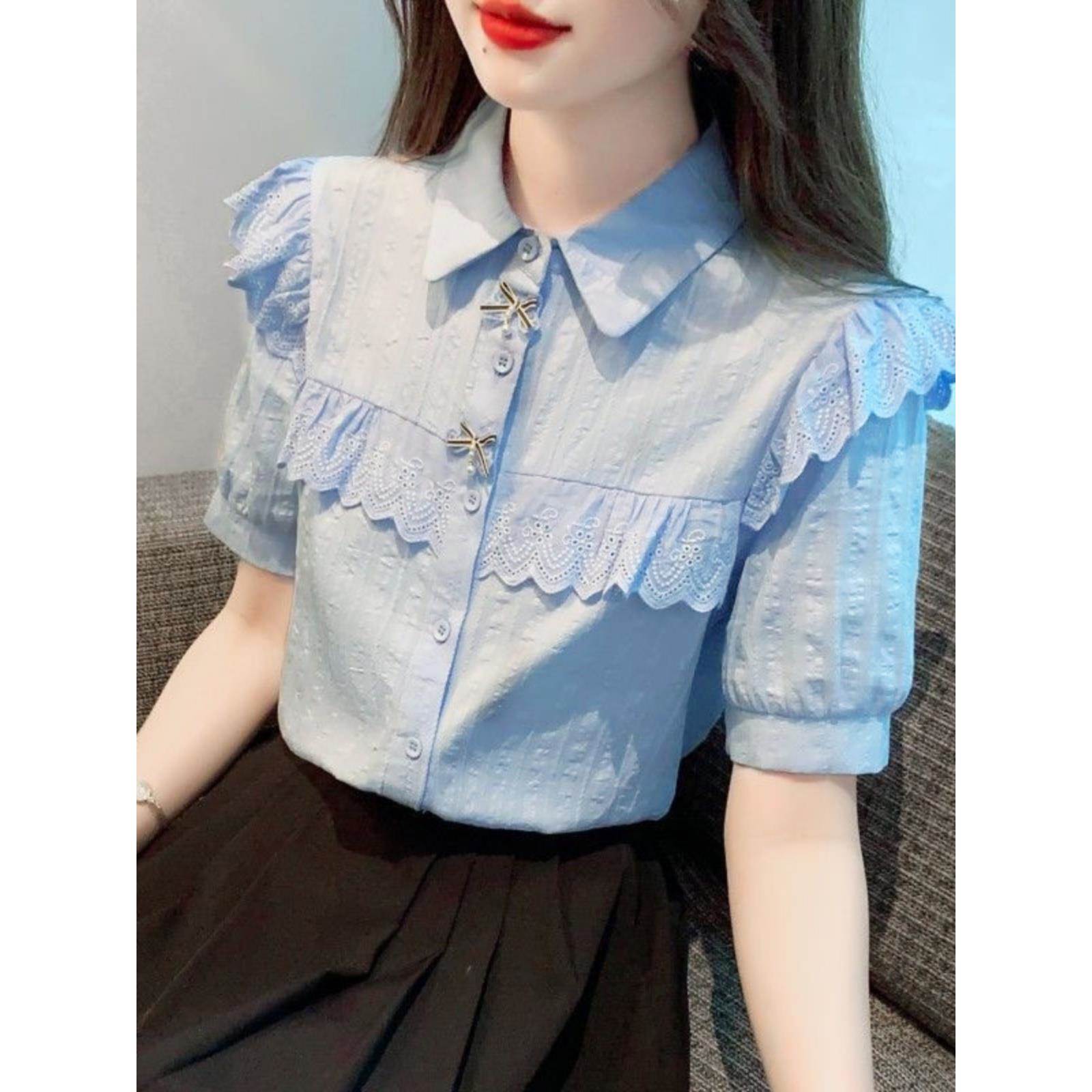 香港TIMO夏装2024衬衣纯棉衬衫女洋气全棉设计感小众短袖蕾丝上衣