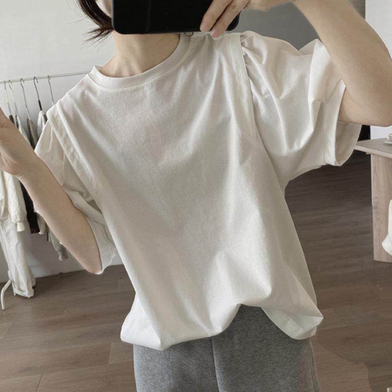 日系白色短袖t恤女夏季宽松显瘦休闲简约小众设计感棉质圆领上衣