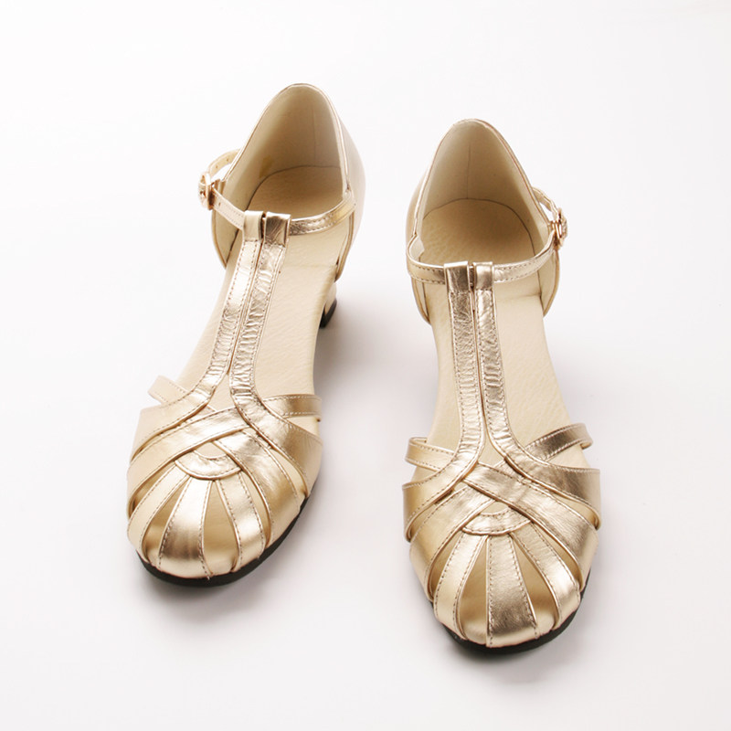 夏季新品金色凉鞋镂空丁字单鞋春秋女鞋子交谊舞鞋摇摆舞定制牛皮