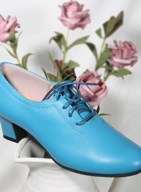 孔雀蓝色牛皮系带款春秋古着鞋高跟摩登绅士森女款女鞋子中跟旗袍