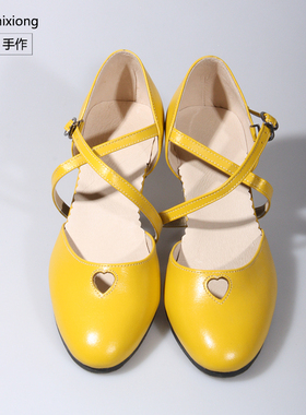 亮黄色春秋鞋复古牛皮平跟交谊舞拉丁鞋 swing摇摆舞鞋真皮定制女