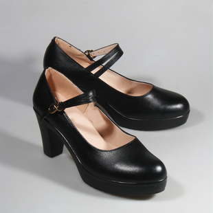 手工定制头层牛皮黑色模特步走秀款高跟防水台单鞋女边扣百搭简约