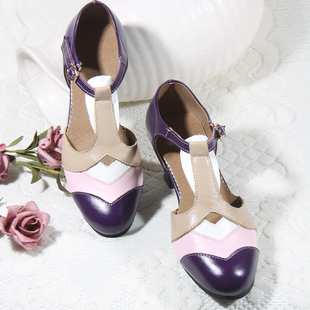 旗袍自选配色粗跟年代摇摆舞 vintage女鞋 定制复古个性 拼色丁字款