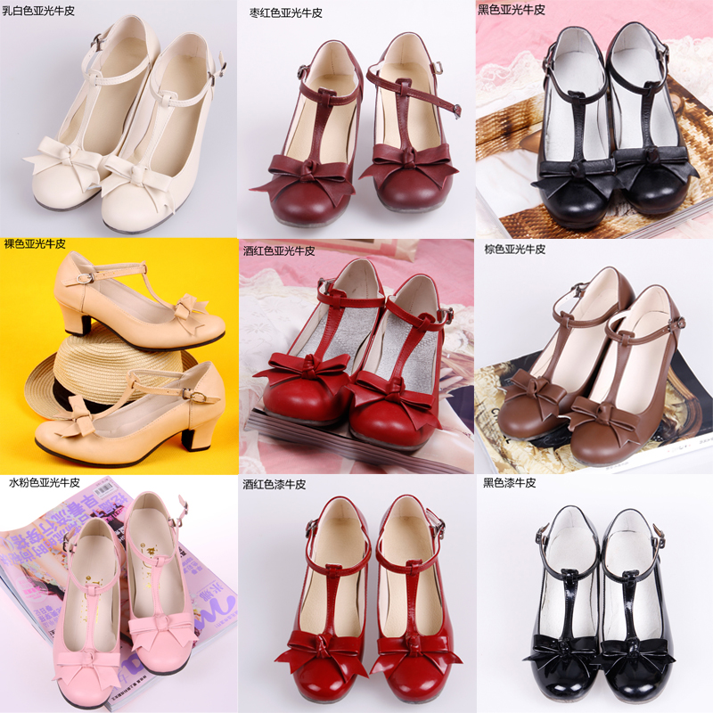特价定制日系蝴蝶结高跟鞋复古丁字鞋可爱公主鞋粉色真皮手工女鞋