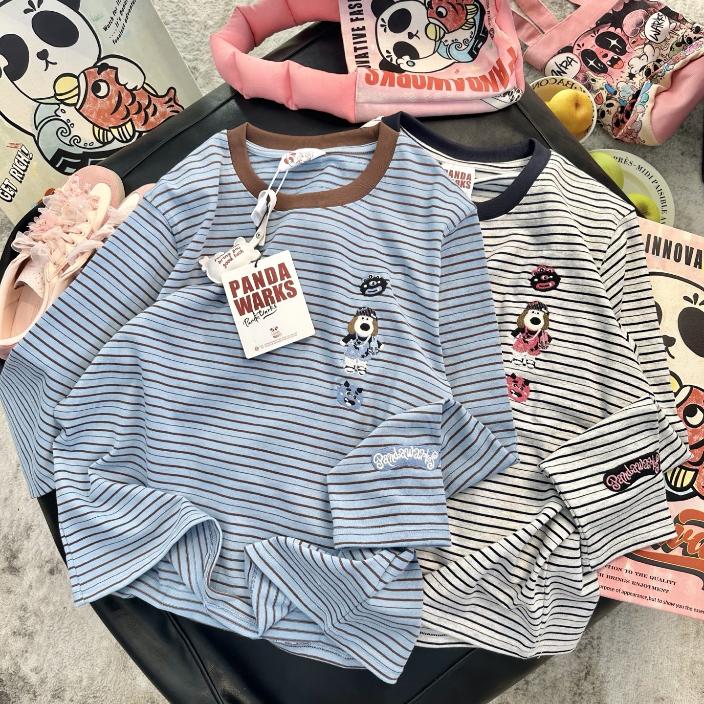 pandawarks条纹刺绣长袖卫衣女