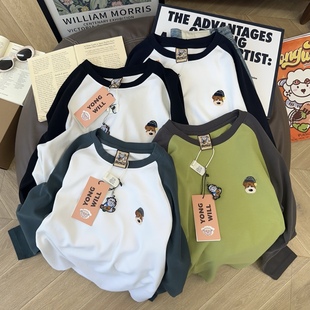 T恤打底 长袖 治愈色系 yongwill小羊纸袋家280g磨毛棉撞色插肩袖