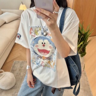 夏短袖Pandawarks熊猫纸袋「26267」180g纯棉蓝胖子印花半袖T恤女