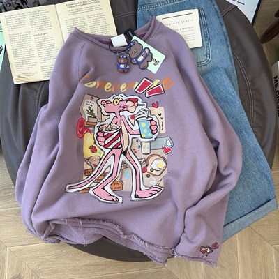 可爱毛边设计粉红豹印花卫衣长袖