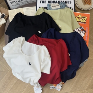 U领正肩yongwill小羊纸袋家230g凉感多巴胺棉显瘦短袖 T恤女韩版