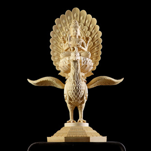 桧木雕孔雀明王佛像摆件 大明王真言宗佛母密宗金刚菩萨雕刻供奉