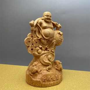 崖柏木雕挑金币弥勒佛摆件金钱元宝招财佛像纳福家居办公室工艺品