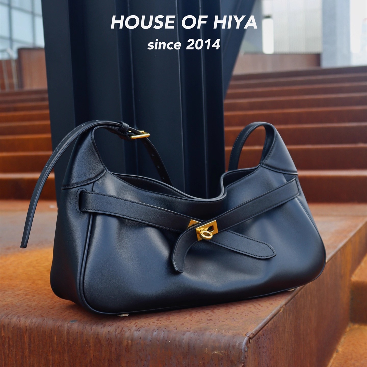 HOUSE OF HIYA新款小众高级感进口头层牛皮凯莉锁扣单肩斜挎包