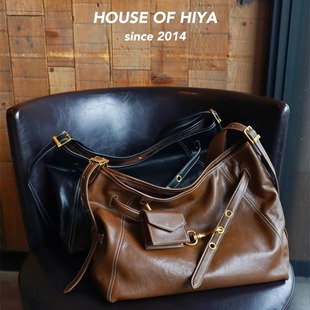 小号头层牛皮通勤大容量托特慵懒单肩斜跨女包hobo复古锁扣电脑包