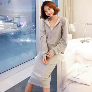 卫衣套装女韩版舒适春季运动休闲修身圆领连帽卫衣包臀长裙两件套