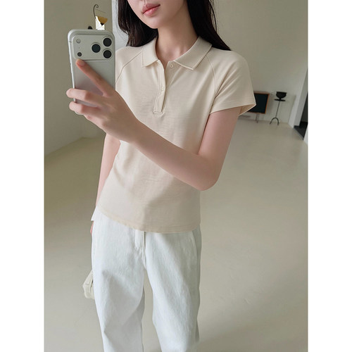 翻领纽扣POLO衫女夏短袖T恤气质百搭休闲修身显瘦别致上衣