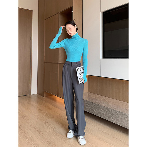 春秋新款直筒休闲裤显瘦灰色高级西装裤长裤高腰百搭阔腿拖地裤子