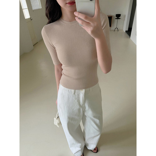 圆领短袖针织T恤女夏修身显瘦气质简约优雅知性中袖别致上衣