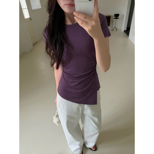 不规则设计感气质优雅短袖T恤女夏修身显瘦褶皱高级感别致上衣