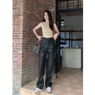 显瘦哑光高腰阔腿休闲裤 春季 加长长裤 女窄版 黑色pu皮宽松直筒皮裤