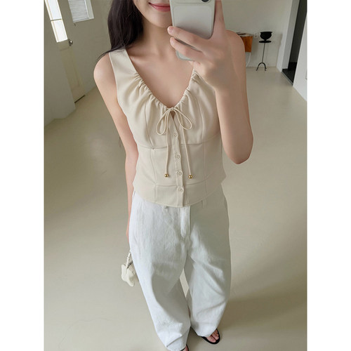 高级感无袖马甲背心上衣女夏气质优雅抽绳串珠设计感百搭上衣