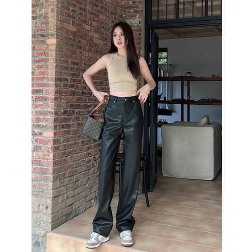 pu皮宽松直筒皮裤女秋冬垂感窄版长裤显瘦高级气质高腰阔腿休闲裤