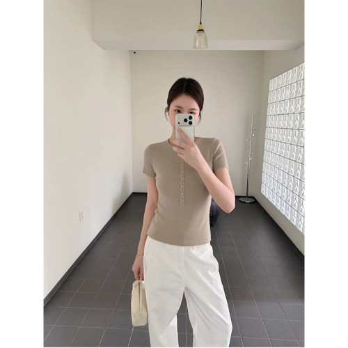 亨利领正肩针织短袖T恤女夏新款修身显瘦气质百搭上衣女高级感