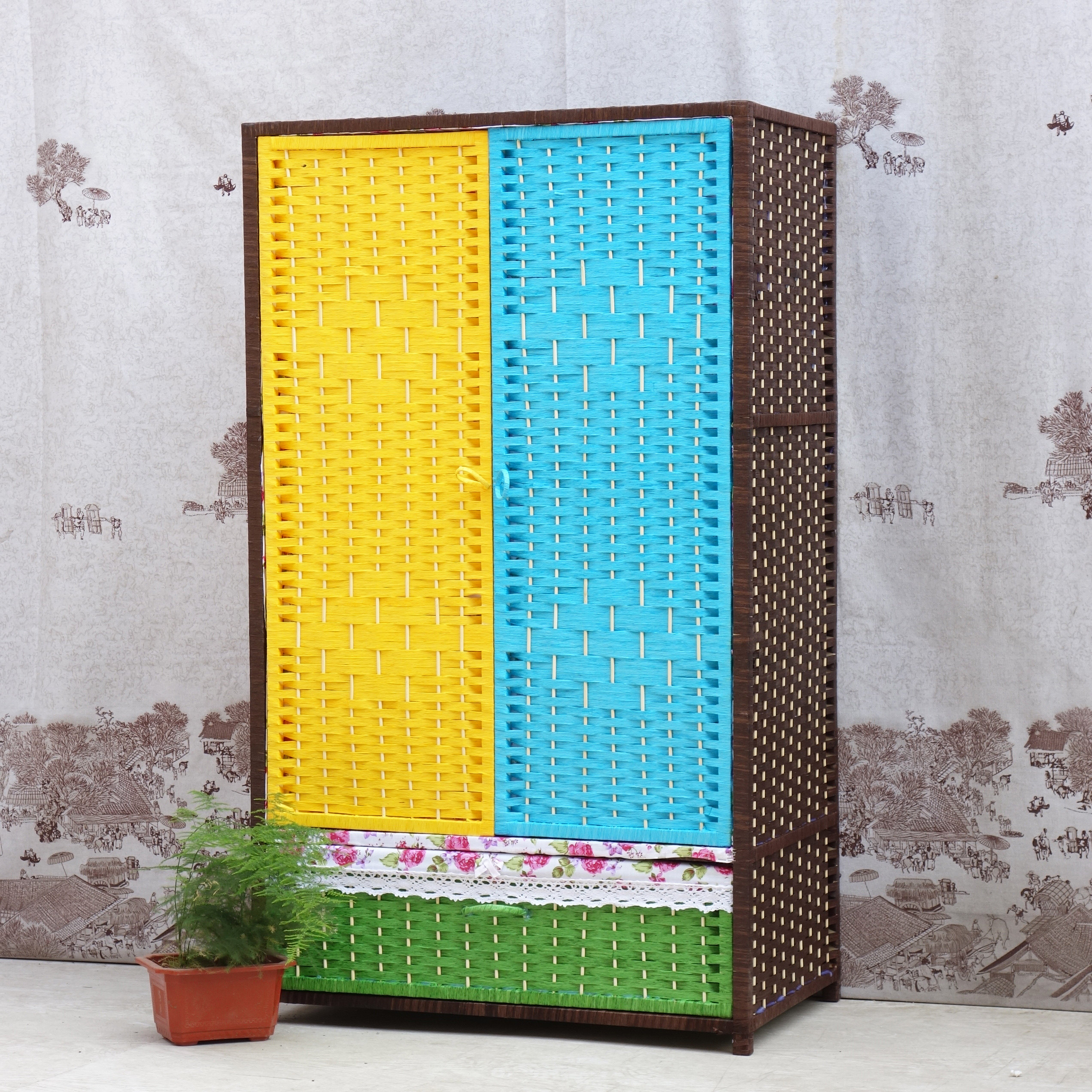 包邮藤编简易衣柜宝宝婴儿卧室储物收纳柜儿童实木衣橱田园置物柜