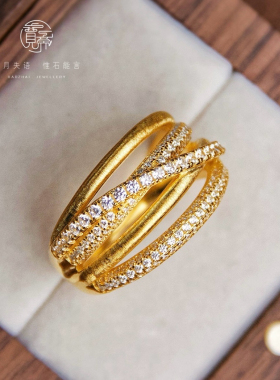 意大利中古拉丝工艺多层排钻交叉戒指S925纯银镀钻戒女纯银戒指