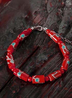 尼泊尔补丁藏式设计复古个性民族风随形纯银绿松红色手链
